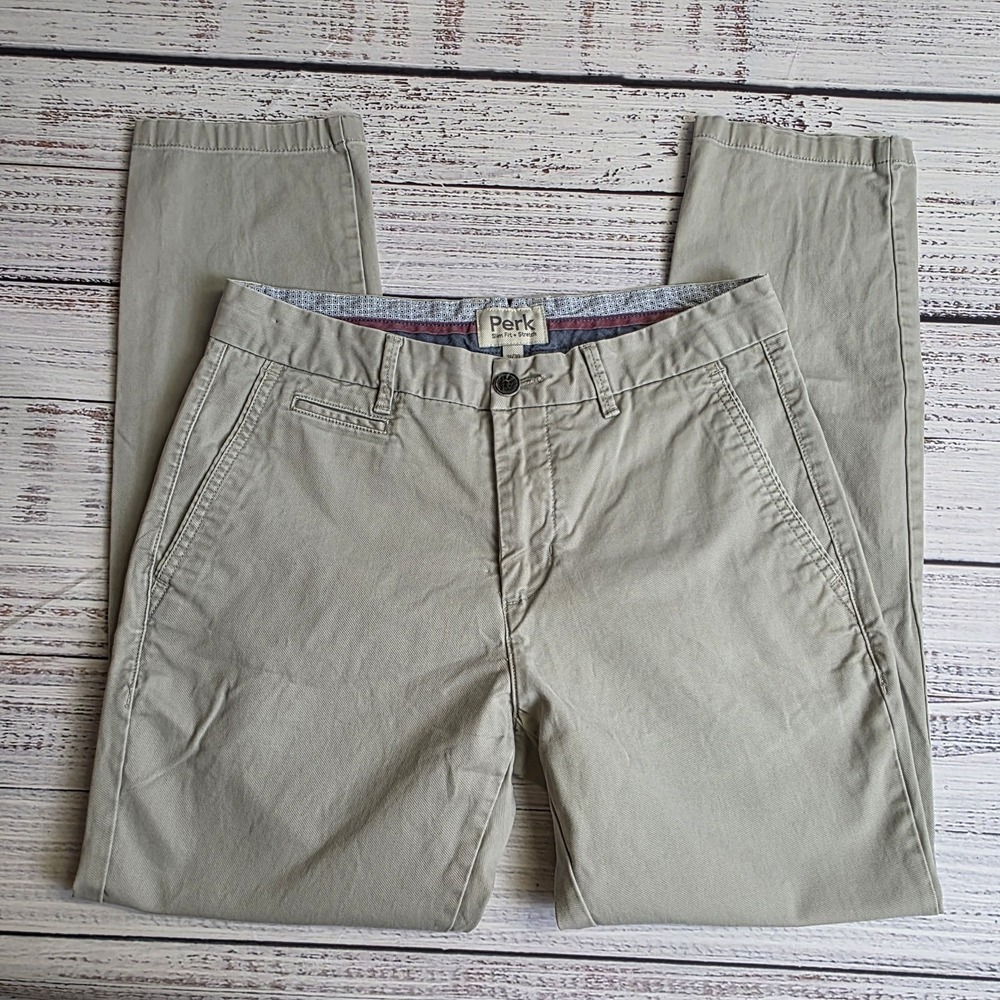 Perk Pants Men 31x28‎ Khaki Chino Flat Front Slim Fit Stretch Cotton Blend Beige